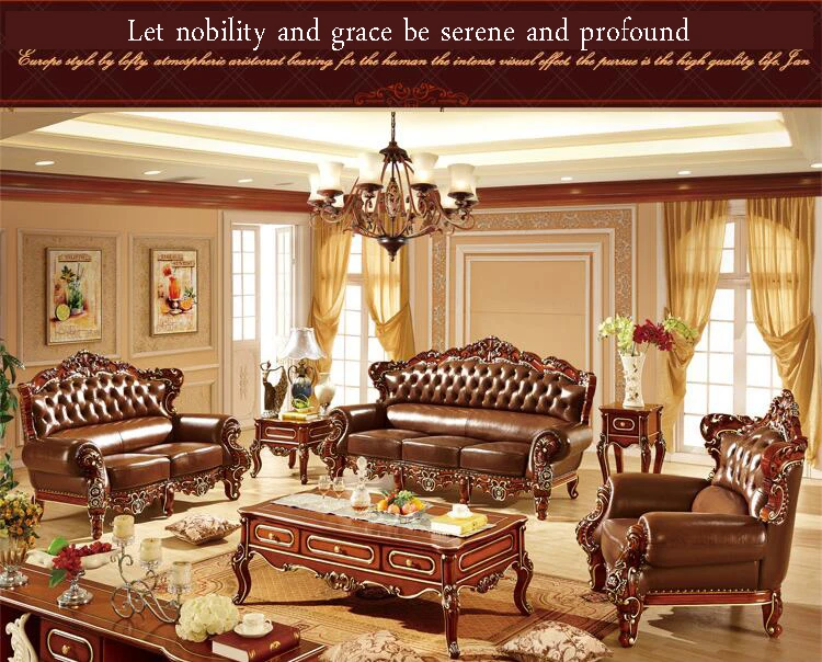 high quality European antique living room sofa furniture genuine leather set p10303