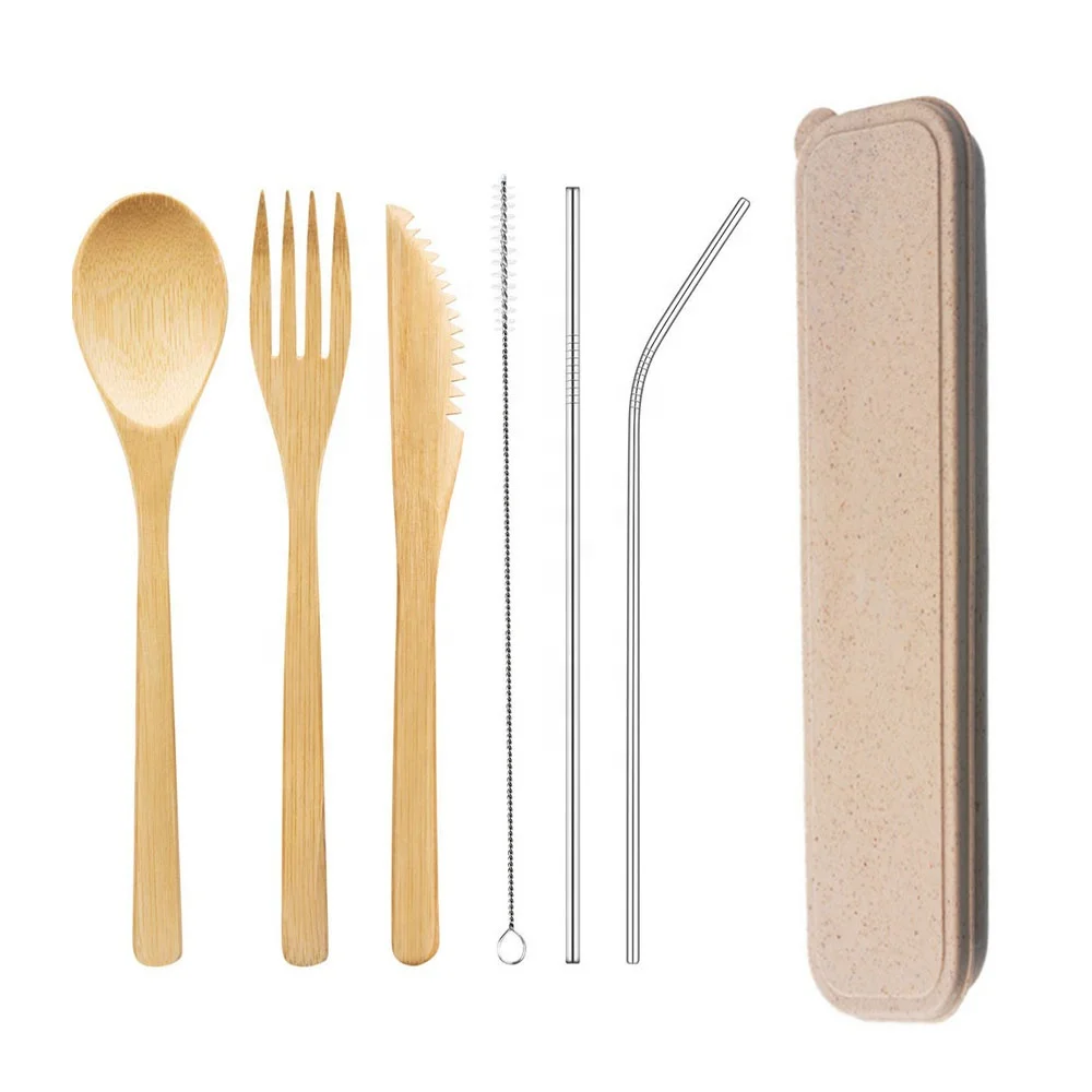 Reusable Stainless Steel Straw Natural Bamboo Cutlery Set With Travel