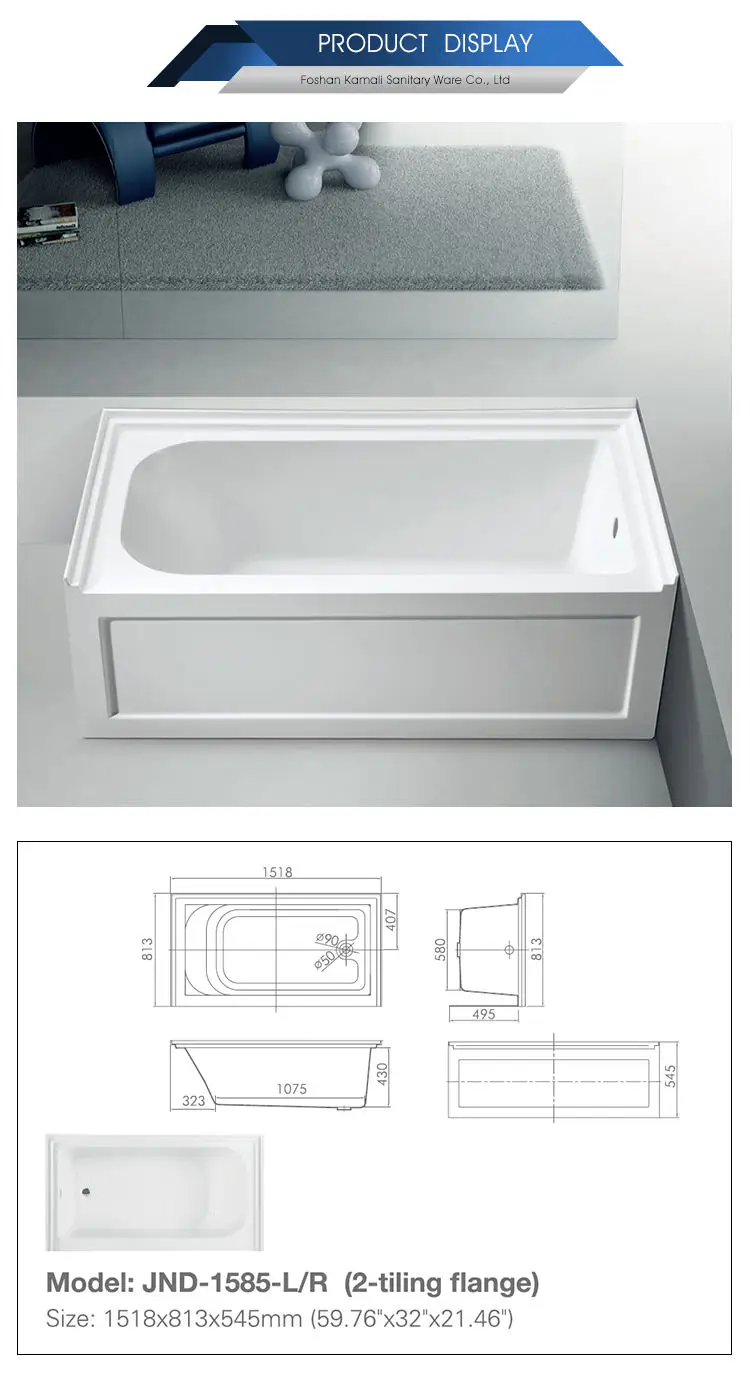 Normal Design Foshan Factory Price Customized Wholesale Hotel Room Acrylic Material 2 Tile Flange Skirt Bathtub for Bathroom