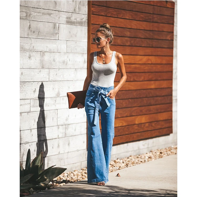 Flare Jeans Women High Waist Blue Jeans Wash Vintage Wide Leg Belted Stretchy Denim Jeans Women