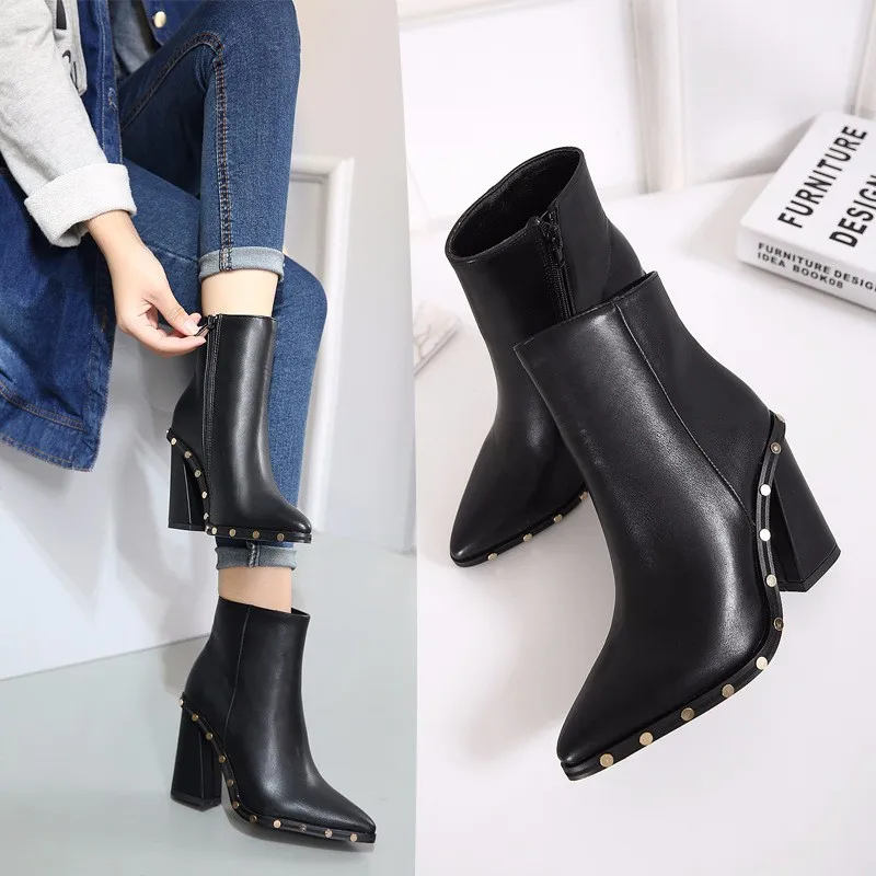 Luxury Pu Leather Women Ladies High Chunky Heel Safety Shoes Ankle