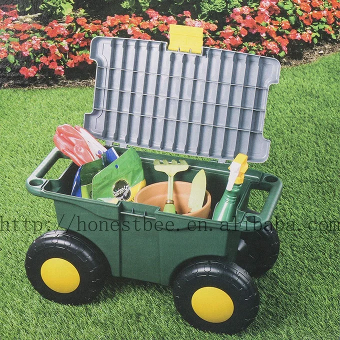 Removable Rolling Plastic Garden Storage Bench Tool Cart Seat 4 Wheels