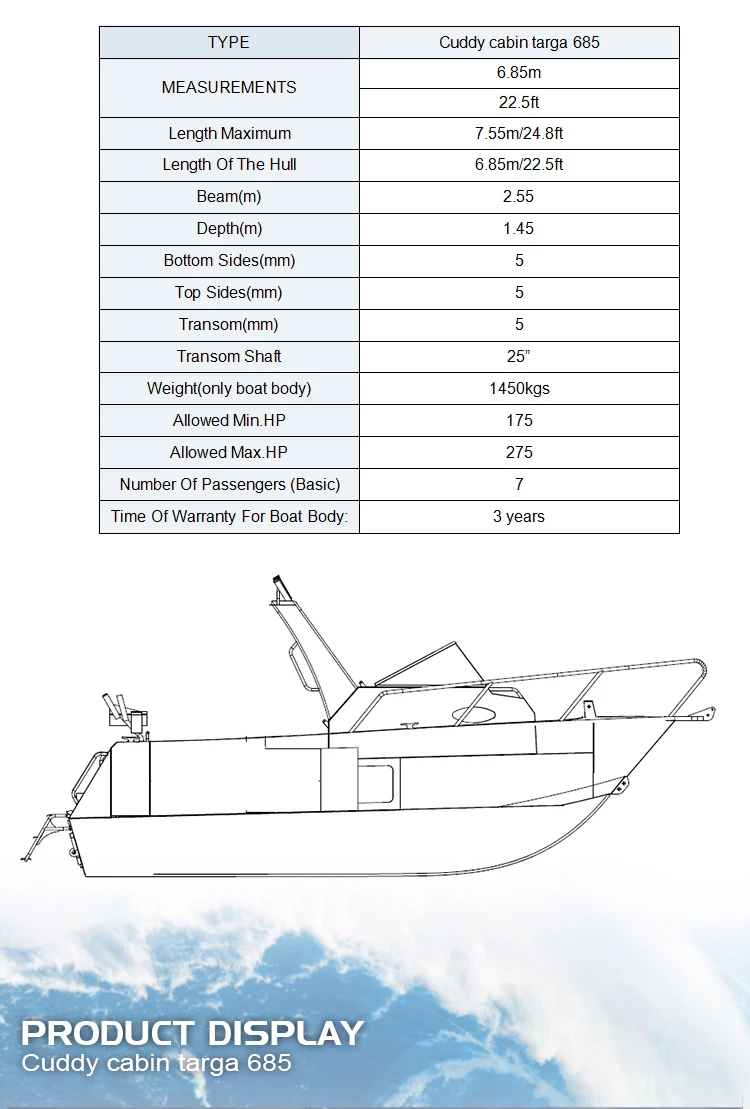CE approved 6.85m offshore hull aluminum fishing yacht