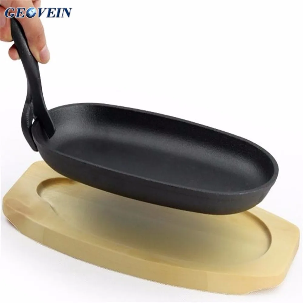 Cast Iron Sizzle Platter With Wooden Serving Board Sizzler Plate 9" X 5