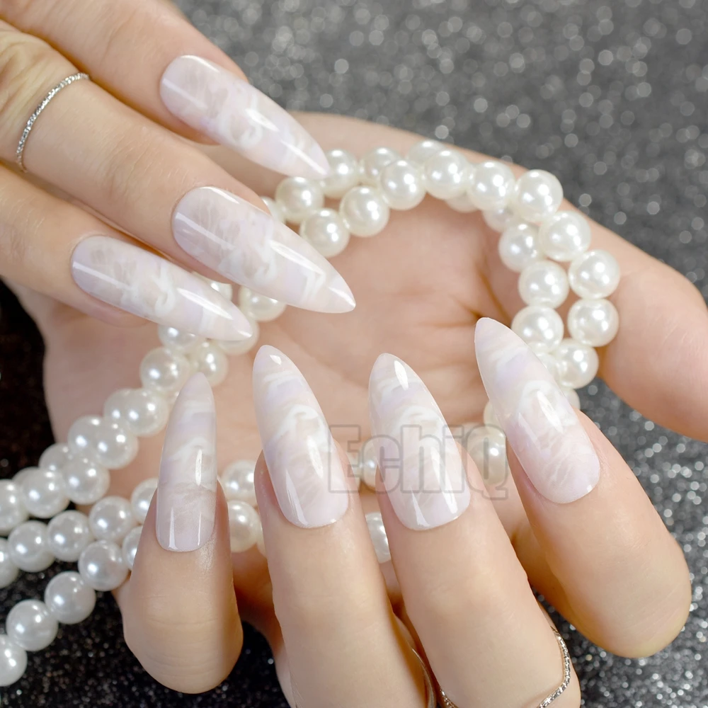 Uv Plastics Nails Super Long White Clouds Pointed Press On Nails False