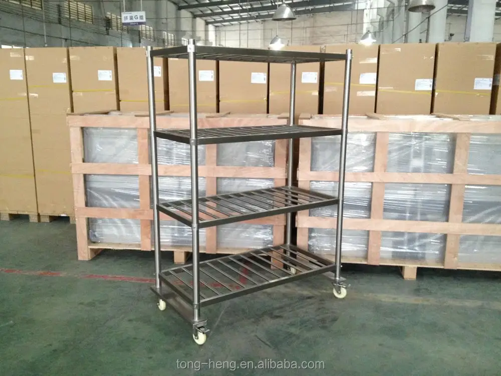 OEM non standard custom design kitchen equipment, stainless steel 4 tier pipe shelves with wheels