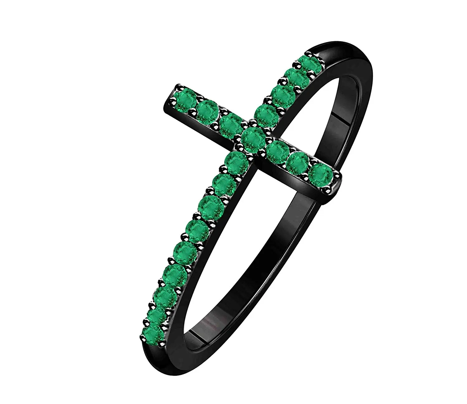 Hot Sale !!! Women's Cross Lab Created Green Emerald Thin Stackable Black Rhodium Plated Sideways Cross Ring (Size 4 - 11)