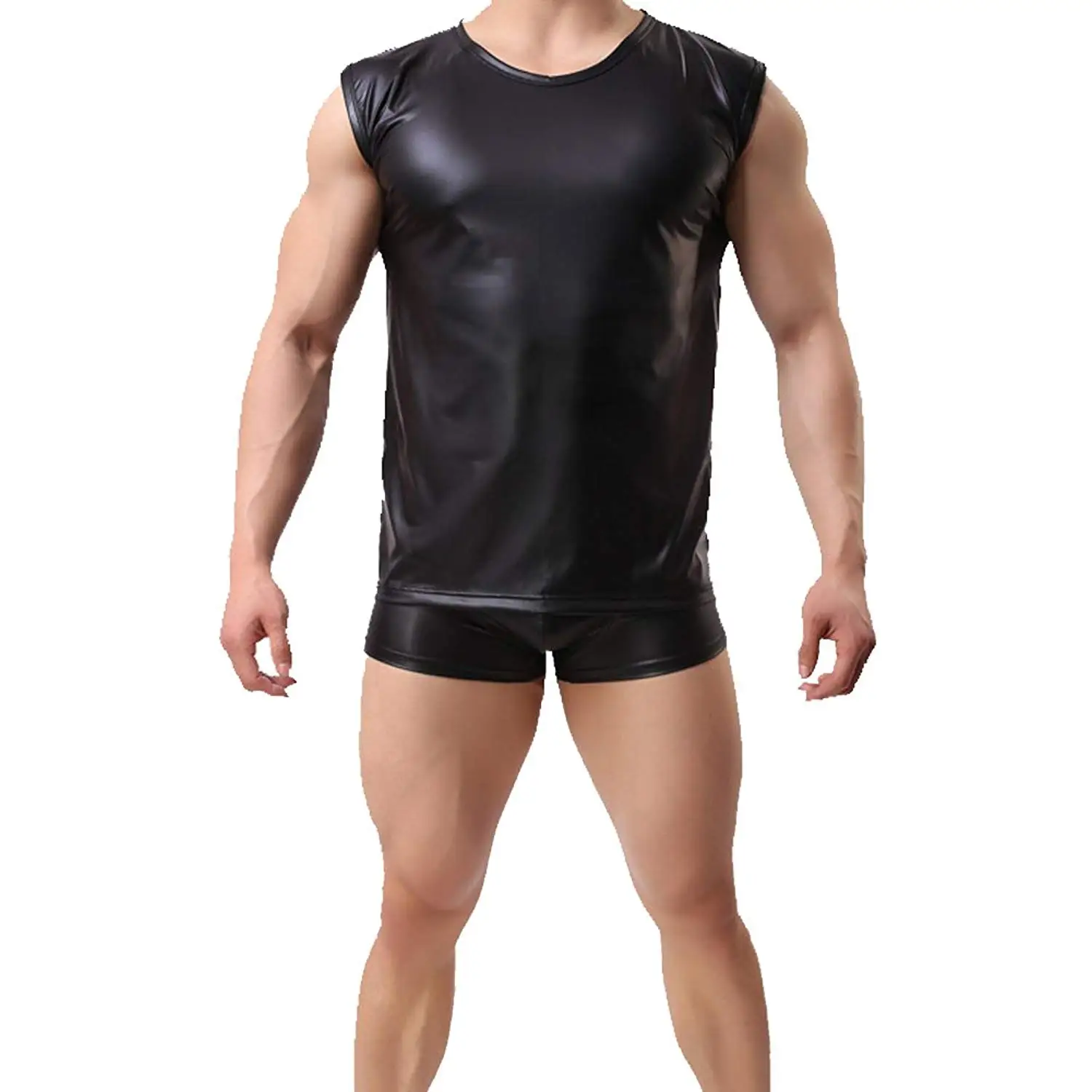 Buy Tanhangguan Mens Sexy Faux Leather Vest Undershirt Tank Top Short ...