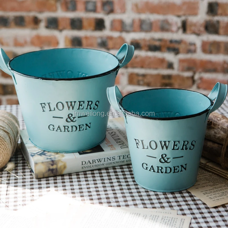 Vintage Garden Decoration Oval Blue Iron Metal Flower Pots With Handles For Decorative Indoor Planter