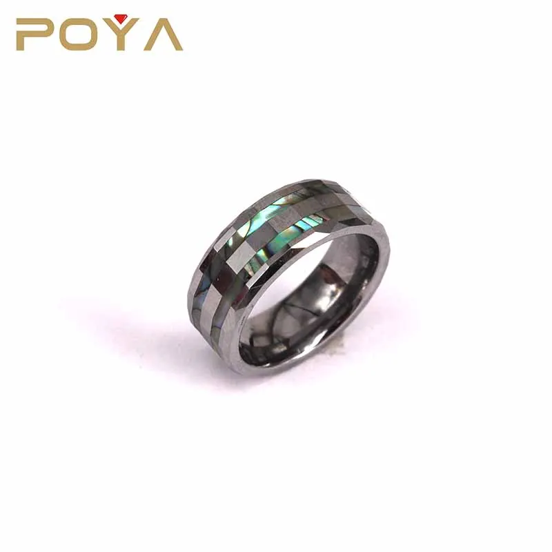 Ring Tungsten Carbide Men's Wedding Band Silver Faceted Abalone Shell Inlay 8mm 