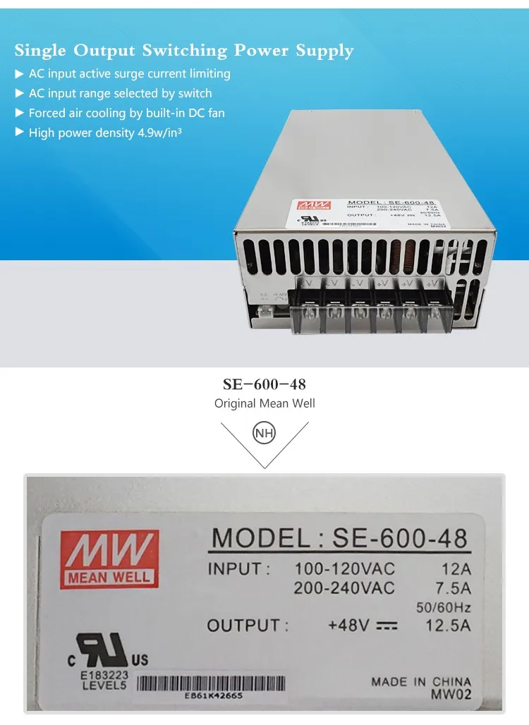 Mean Well SE-600-48 AC DC Power Supply Single Output 48 Volt 12.5 Amp 600 Watt 