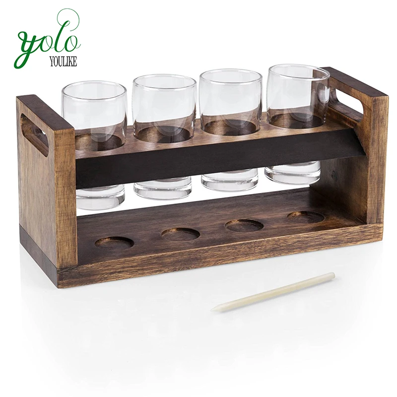 Wooden Bamboo Beer Holder With Fourglass Flight Tasting Stand Set