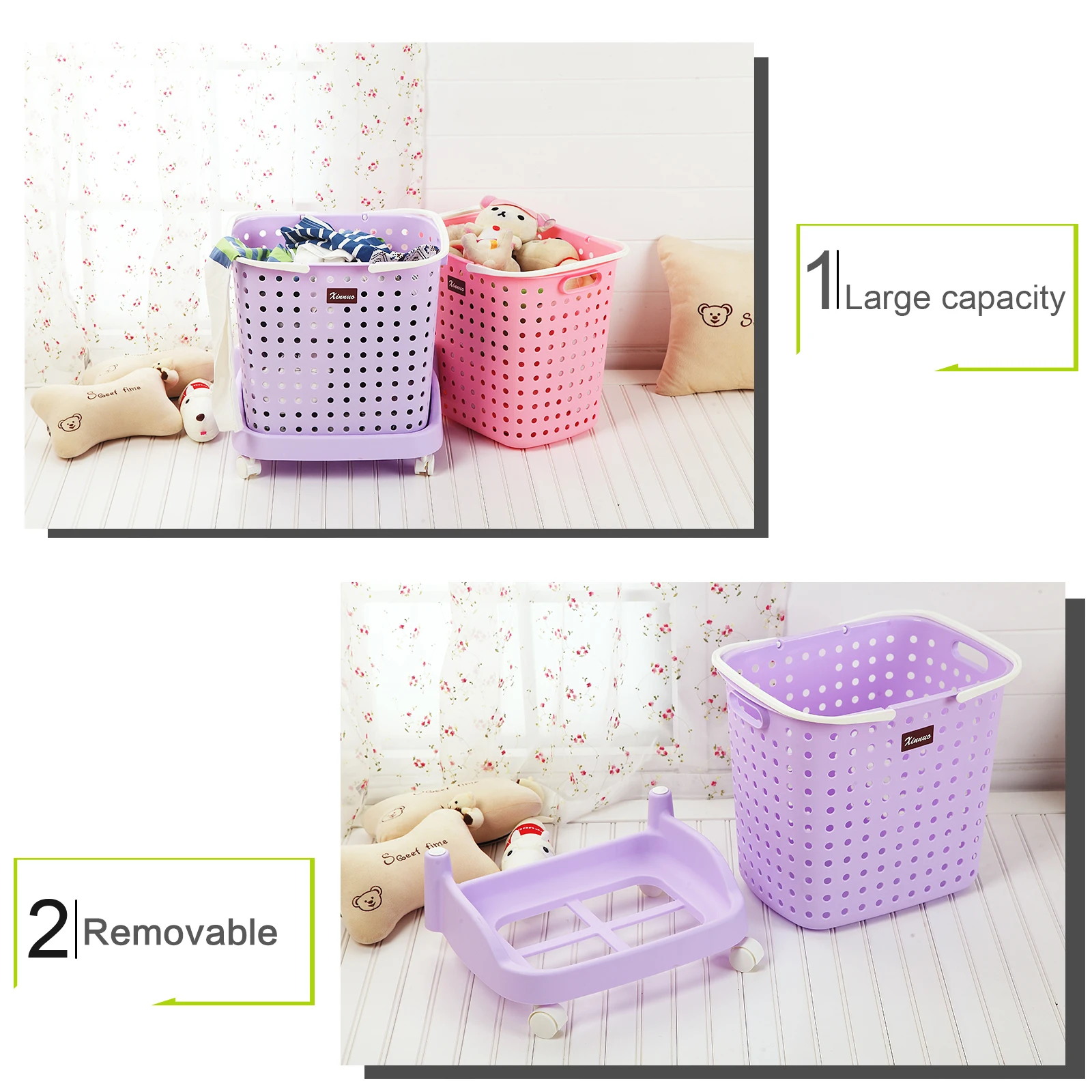 Cheap Plastic Laundry Basket Bright Color Rolling Plastic Laundry