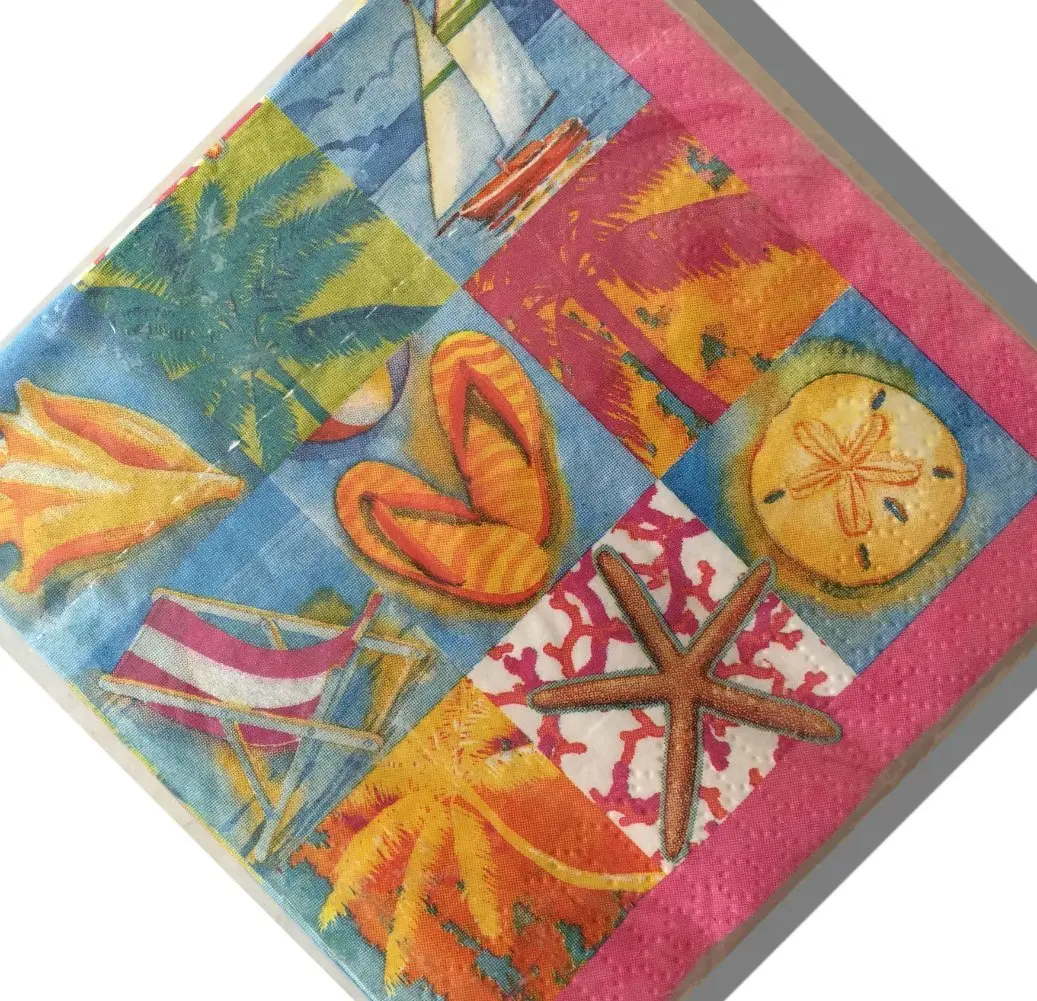 Custom Made & Disposable {9.75” Inch} 24 Count of 3 Ply Large Square Food & Beverage Napkins, Made of Soft Absorbent Paper w/ Colorful Sailing Beach Day Classic Style {Yellow, Pink & Blue}