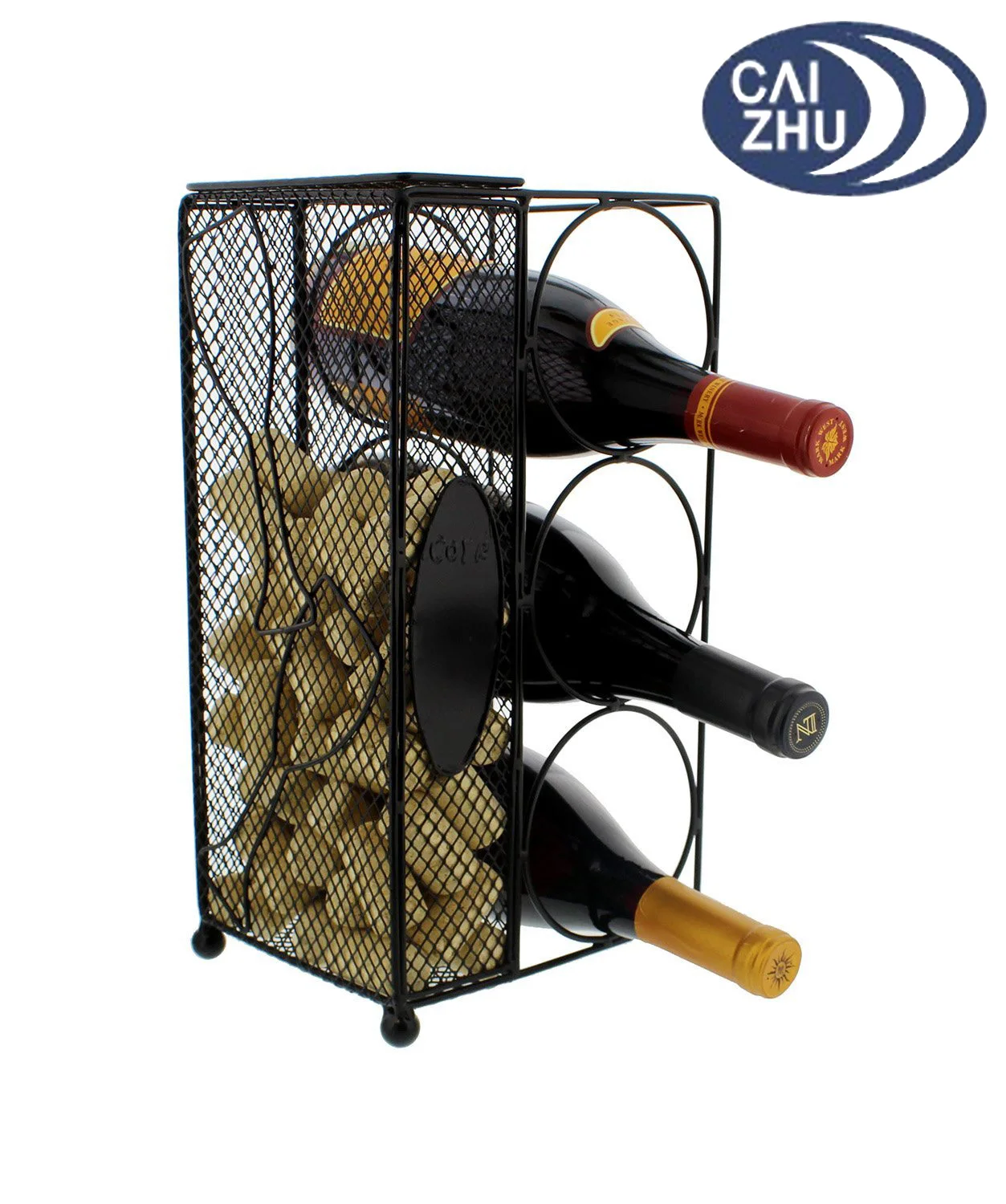 Decorative 3 Bottle Wine Rack And Cork Holder Collector Countertop