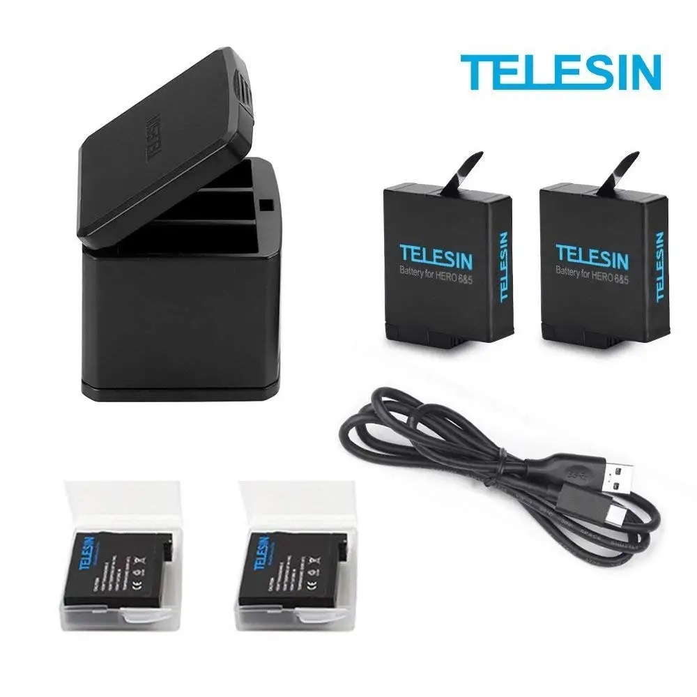 TELESIN 2-Pack 1220mAh Rechargeable AHDBT-501 Battery+3 Slots Battery USB Charger+ Type-C Charging Cable Accessories Kit for Gopro Hero 2018 Hero 6 Hero 5 Black, Battery Storage Carrying Case Design