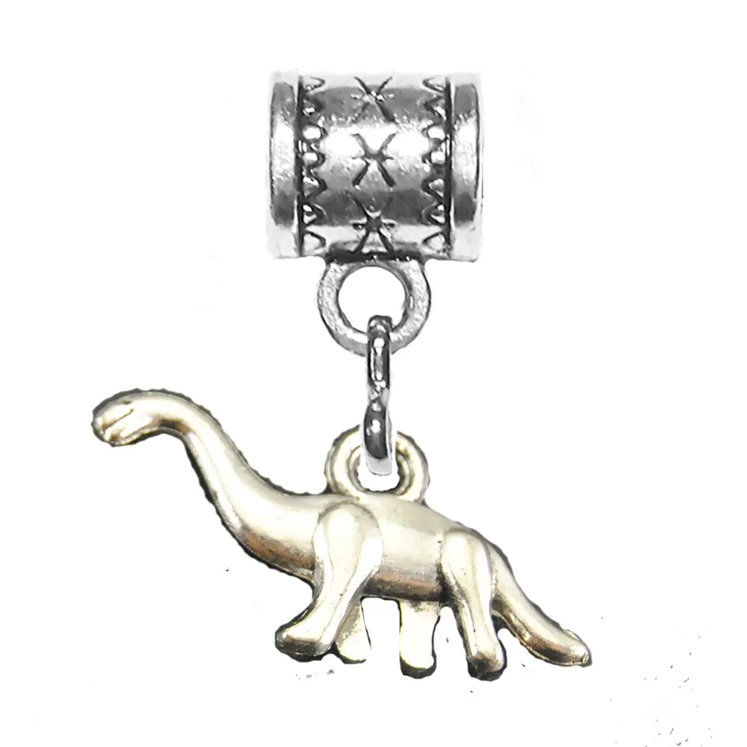 "Dinosaur" - brontosaurus is an antique silver charm by Mossy Cabin for modern large hole snake chain charm bracelets, or add to a neck chain, pendant necklace or key chain