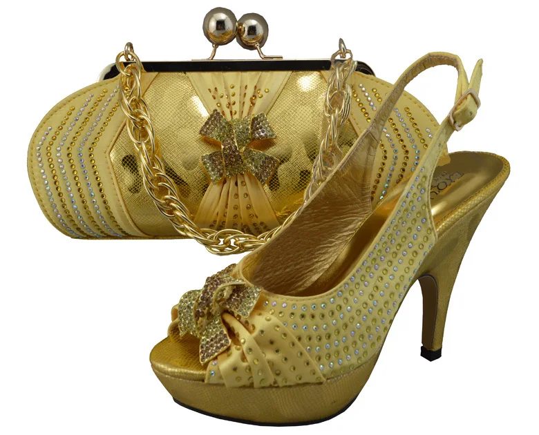 gold shoes and matching handbag