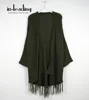 Contemporary fringed oversize army green wide sleeve cardigan