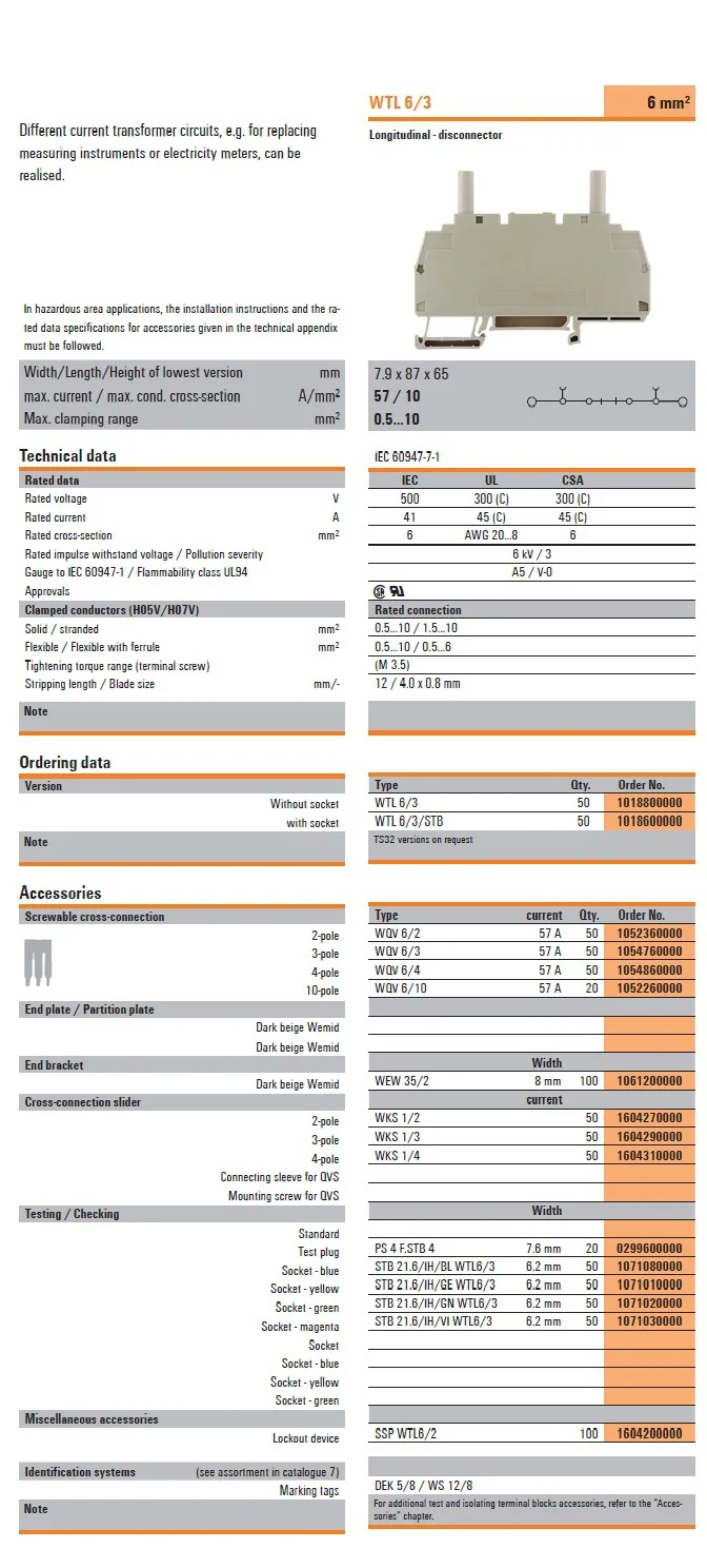 Quick Test Disconnect Terminal Block Wtl 6/3,Power Distribution Block