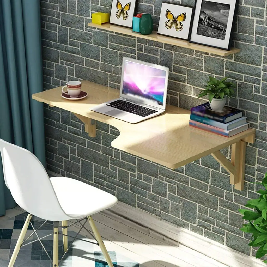 Mmdp Solid Wood Creative Corner Learning Table Foldable Office Table L-type Desk Wall-mounted Table Computer Desk Size Optional (Color : Wood, Size : 8060cm)