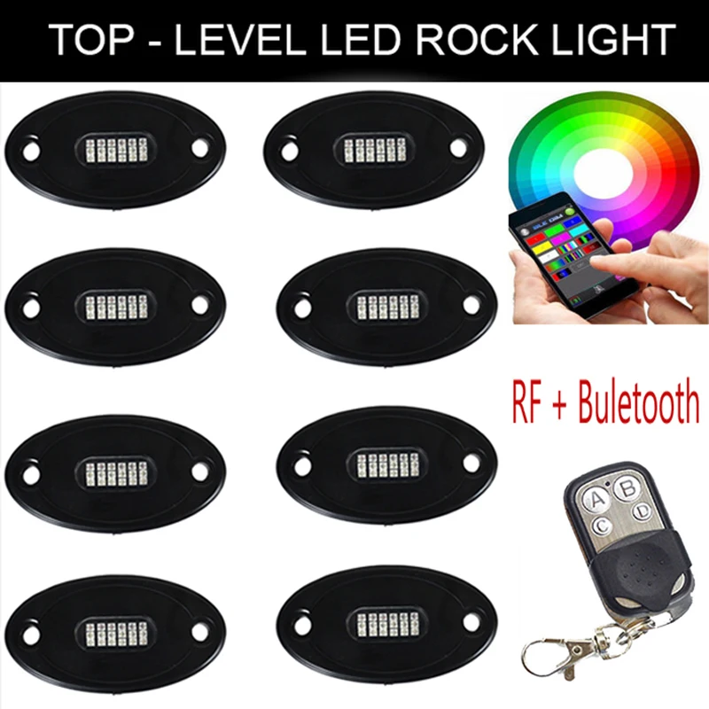 8x RGB LED Rock Lamp Car Under Body Light Offroad Truck Boat Blue-tooth Wireless