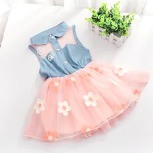 Fashion Baby Kids Girls Denim Dress Sleeveless Shirt Tulle Princess Tutu Dresses Free Shipping