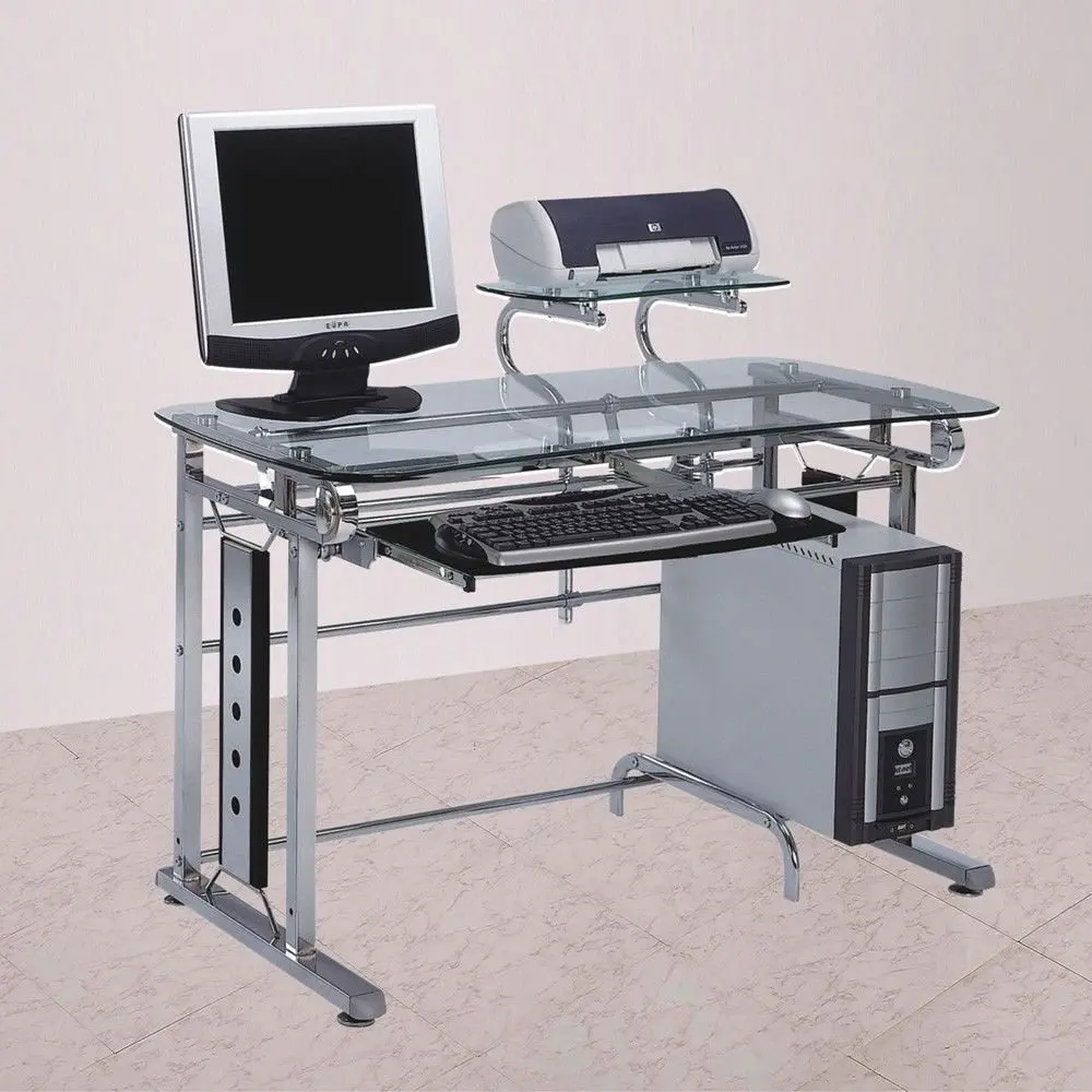 1PerfectChoice Felix Computer Home Office Writing Desk Printer Stand Chrome Silver Clear Glass