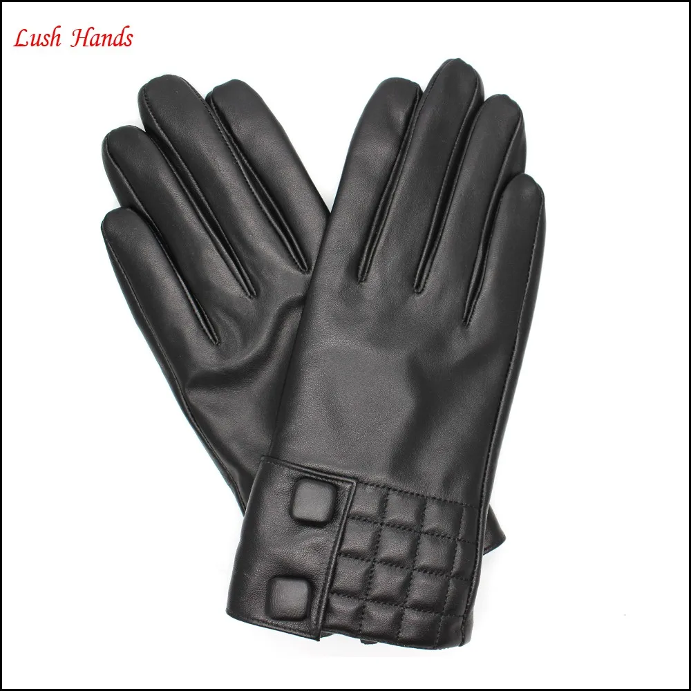 The best sales fashion black big button index finger touch screen ladies black leather gloves