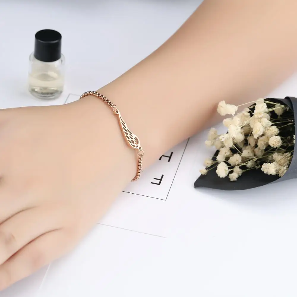 Newest Adjustable Women Stainless Steel Extendable Chain Charm Angel Wings Bracelet