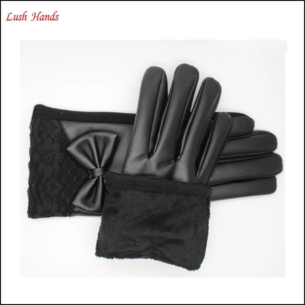fashion ladies black PU leather gloves black spandex velvet have black lace and bow