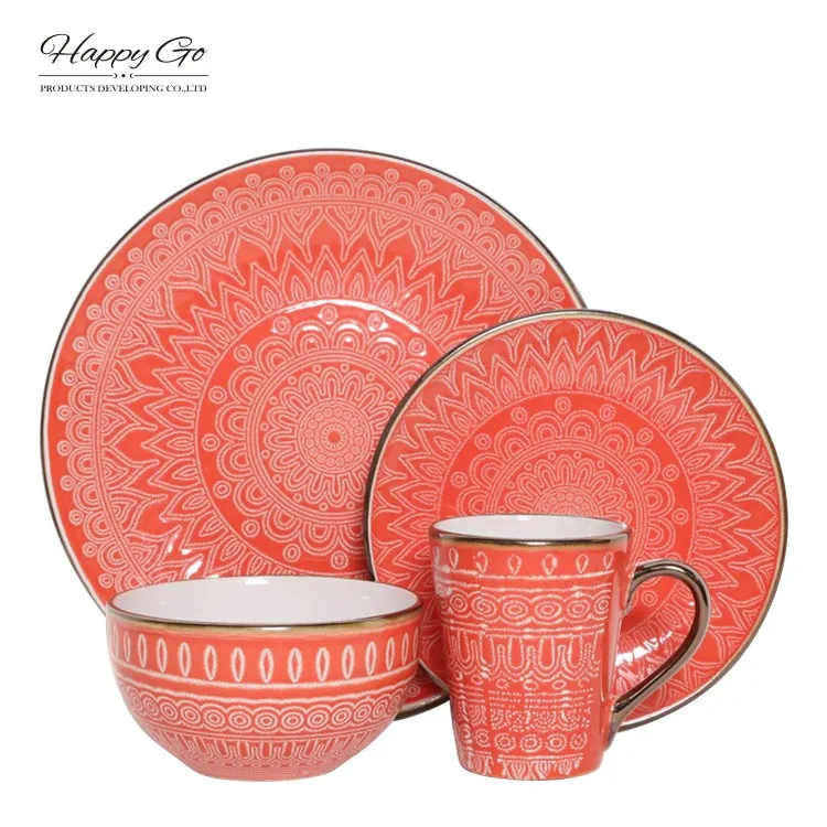 16pcs Ceramic Tableware Luxury Wholesale Embossed Dinnerware Stoneware
