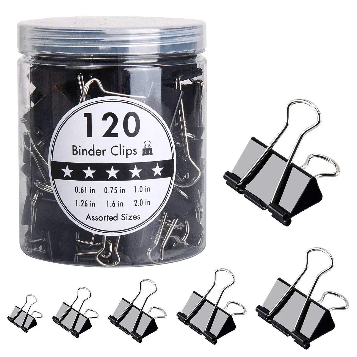 HJSMing 120 PCS Metal Binder Clips,Foldback Clips,Paper Binder Clamp,for Notes Letter Paper Books Home Office School File Paper Organizer Folder Clip Clamp 6 Sizes with Box (Black)
