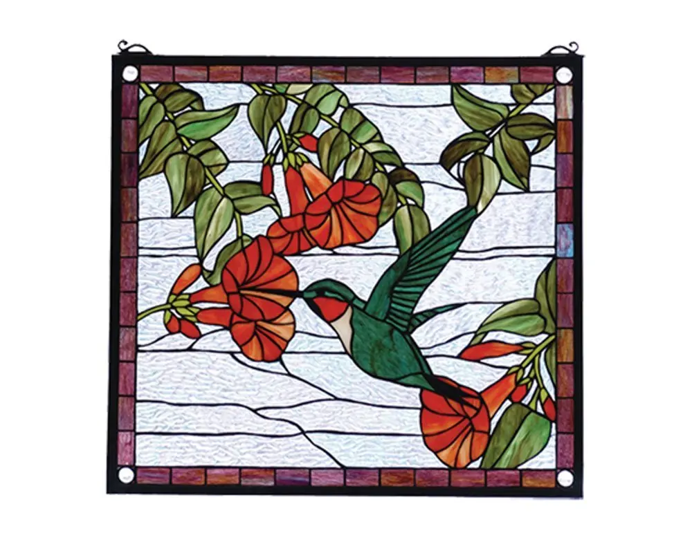 Meyda Hand Crafted Designed Art Decorative Panel 21"W X 19"H Hummingbird Stained Glass Window
