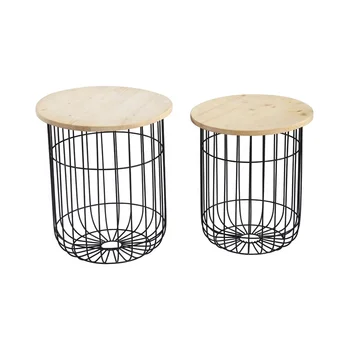 Wooden Top Metal Iron Wire Frame Storage Side Table