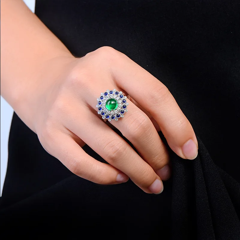 Flower Shape Emerald Jewelry Color Gemstone  Sterling Silver Ring