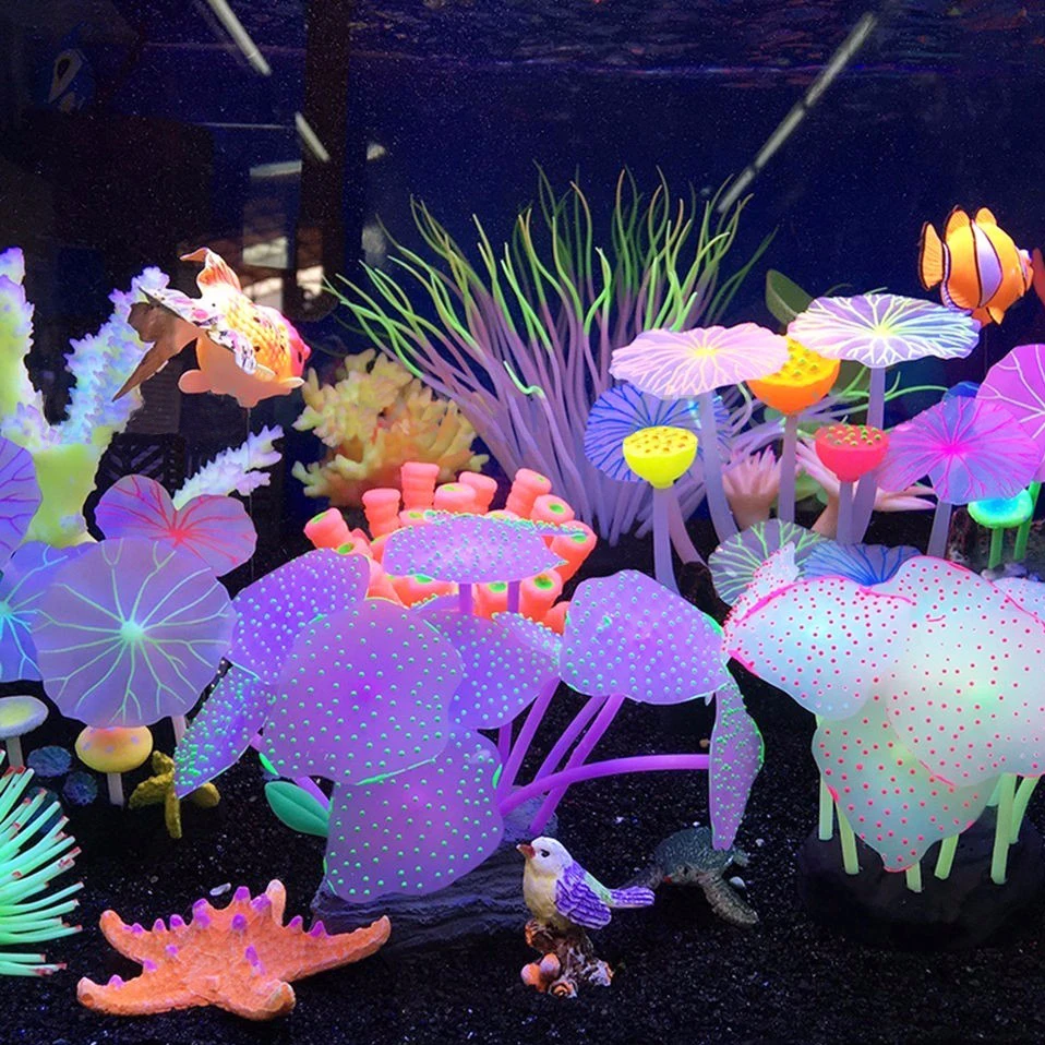 POPETPOP Fish Tank Decor Glowing Effect Artificial Coral Plant,Silicone Coral Ornament for Fish Tank Aquarium Decor-Yellow