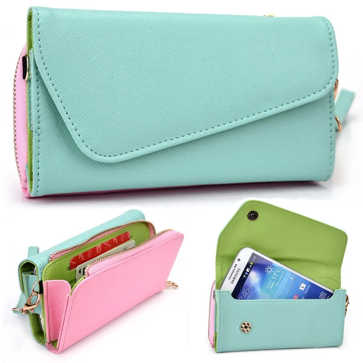 Mint and Pink Crossbody Case for LG G4 Pro, Flex, G Pro 2 D830 D838 F350K F350L F350S Smartphone Phablet