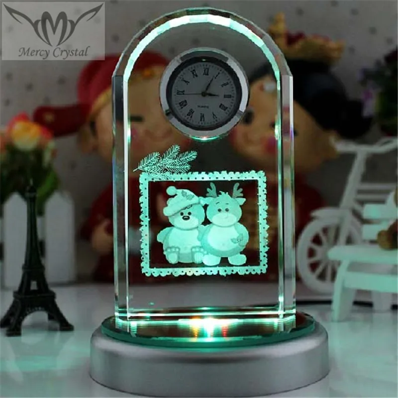 Led Light Engraved Arched Crystal Desk Clock For Office Table