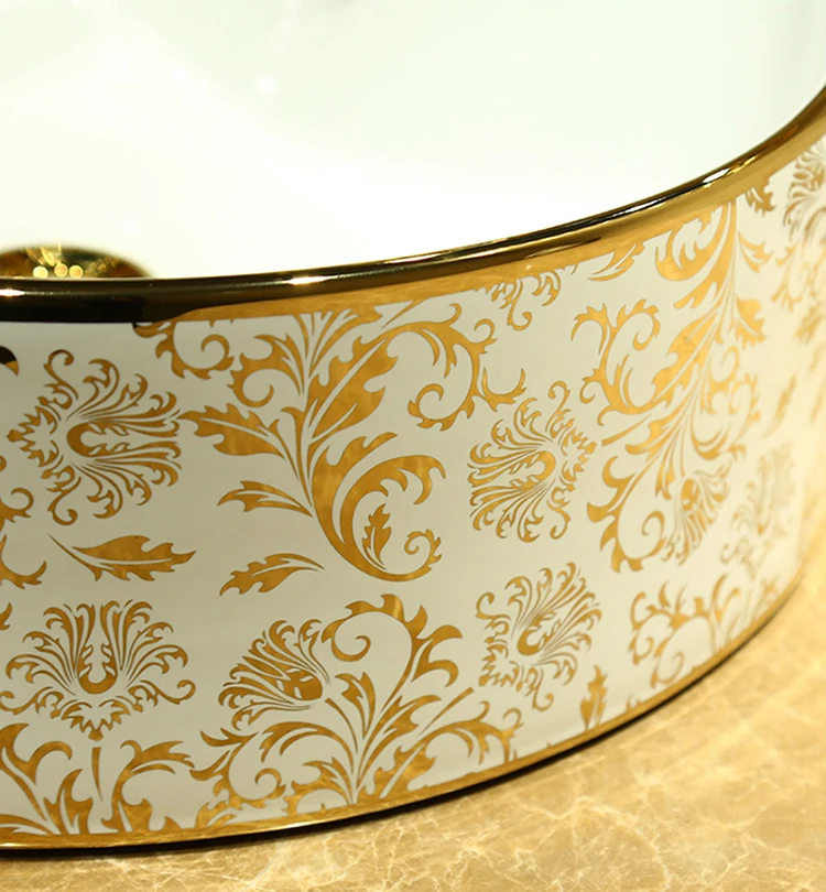 Sanitary Ware CounterTop Type Cabinet Sink Ceramic Flower Gold Wash Basin