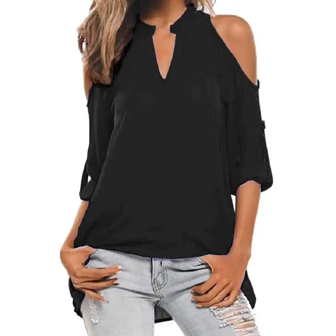 black cold shoulder top long sleeve