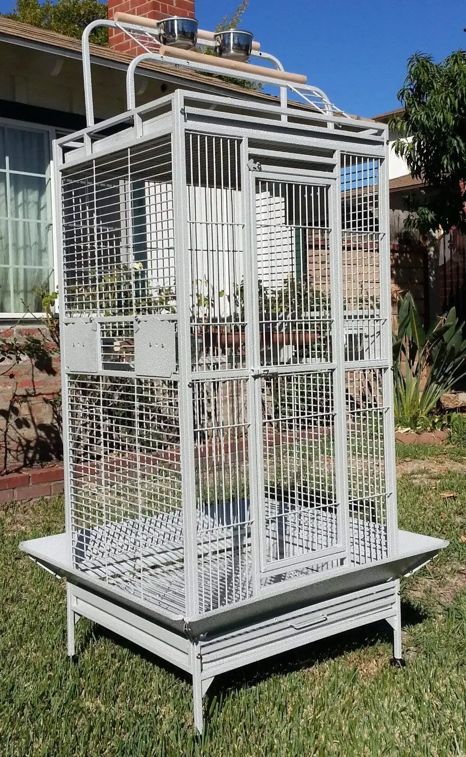 Mcage NEW Large Double Ladders Open Play Top Bird Wrought Iron Cage With Rolling Stand