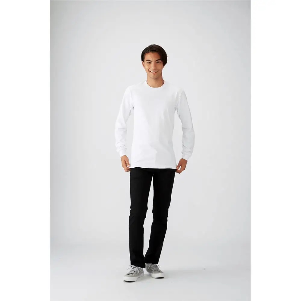 Custom 100% Cotton Crew Neck Rib Trim Long Sleeve Men Plain White T shirt
