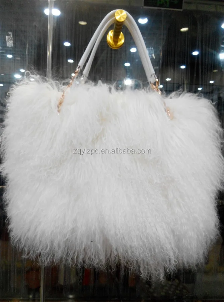 Wholesale Fashion Women Sheep Fur Tote Bags / Genuine White Lamb Fur Handbag