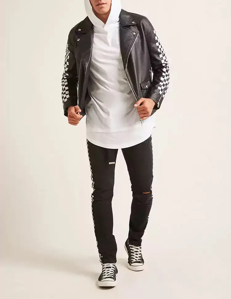 leather jacket with checkered sleeves