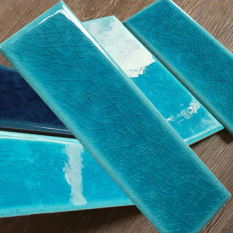 Handmade Glass Crackle Tile Sea Blue Color Mosaic Background Wall