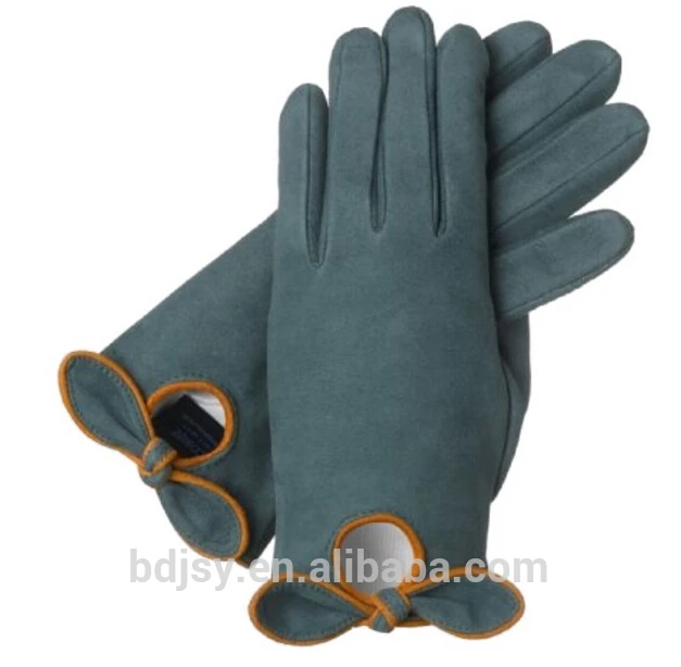 girls wearing cute suede darkgreen bow leather glove