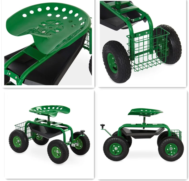 Wheeled Garden Seat Hopper Gardening Work Cart Tool Storage Rolling