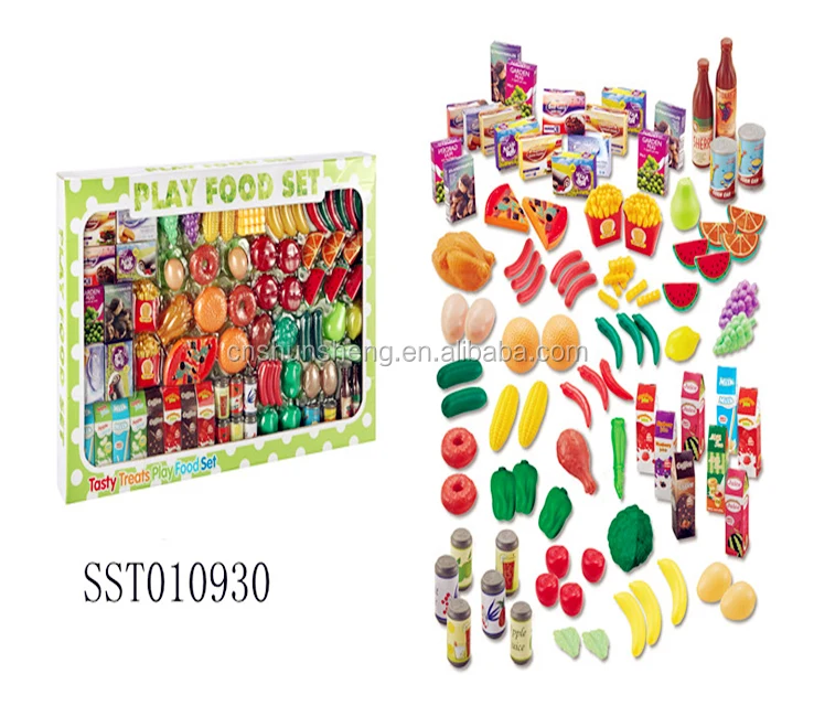 toy kitchen set with food