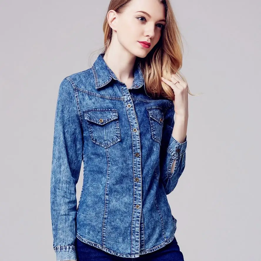 Compra Blue jean camisa de las mujeres online al por mayor